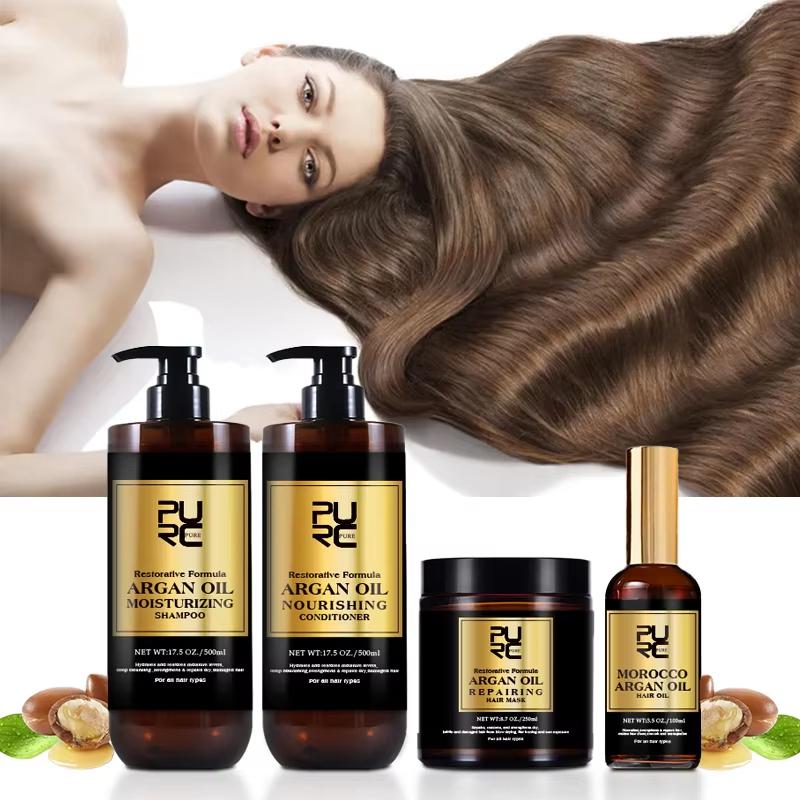 Hair care product set with bottles and a jar, featuring 'PURE' branding.