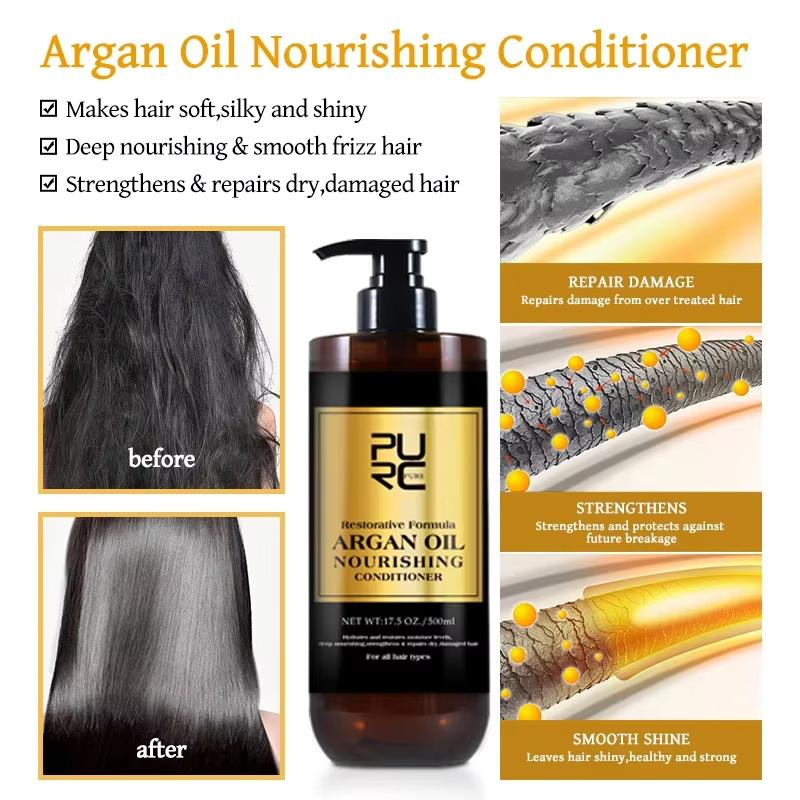 Argan oil nourishing conditioner with before and after images and product details.