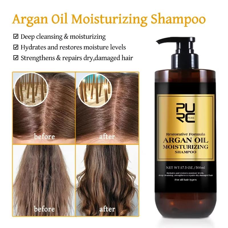 Argan oil moisturizing shampoo bottle with before and after hair images on a white background