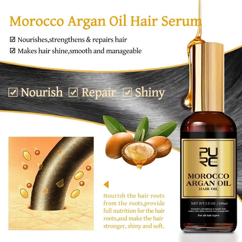 Morocco Argan Oil Hair Serum bottle with text highlighting benefits on a white background