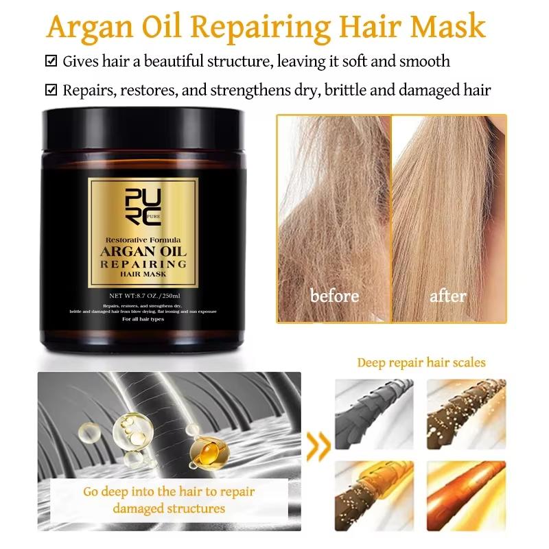 Promotional image of a PURC Argan Oil Repairing Hair Mask with before and after effects on hair.