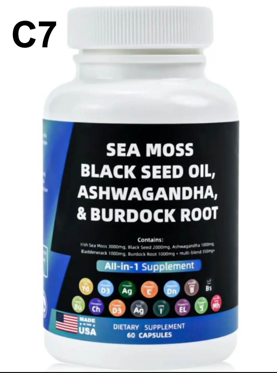 Sea Moss , Blackseed oil, Ashwagandha & Burdock Root 60 caps/bottle