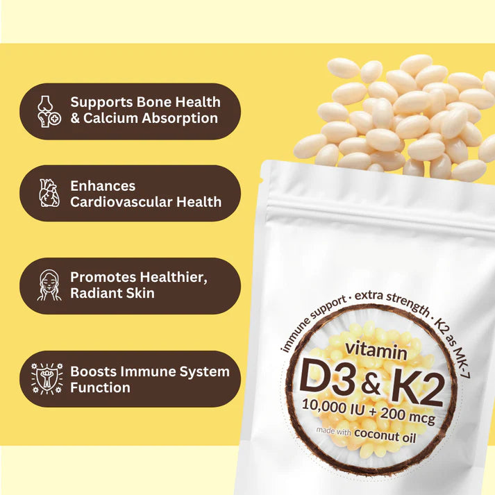 Vitamin D3 (10000iu) & K2 (200mg)- 180 softgels/bag