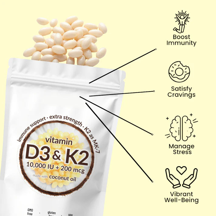 Vitamin D3 (10000iu) & K2 (200mg)- 180 softgels/bag
