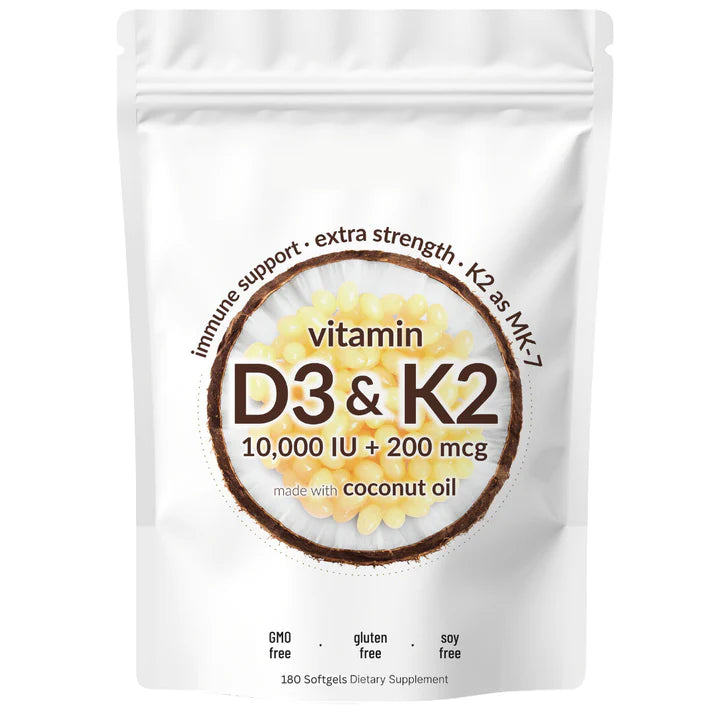 Vitamin D3 (10000iu) & K2 (200mg)- 180 softgels/bag